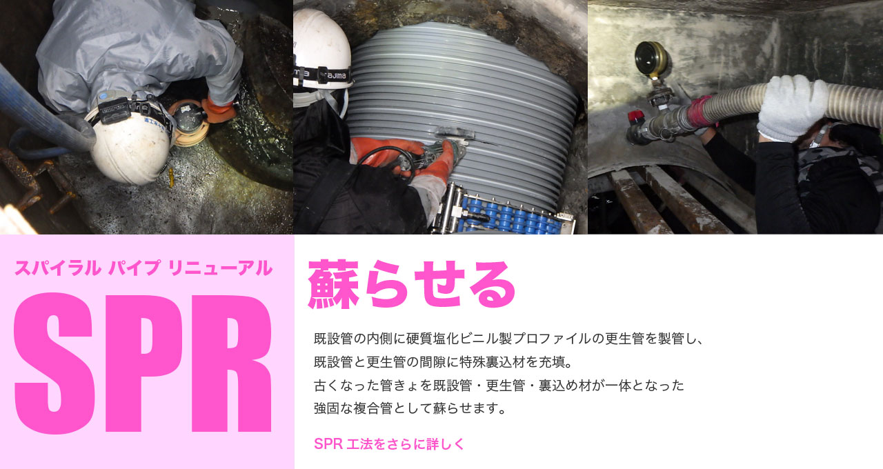 SPR工法（スパイラルパイプリニューアル工法）既設管の内側に硬質塩化ビニル製プロファイルの更生管を製管し、既設管と更生管の間隙に特殊裏込材を充填。古くなった管きょを既設管・更生管・裏込め材が一体となった
強固な複合管として蘇らせます。SPR工法をさらに詳しく知りたい方はこちら