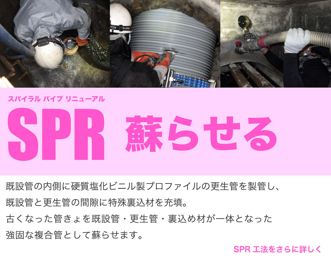 SPR工法（スパイラルパイプリニューアル工法）既設管の内側に硬質塩化ビニル製プロファイルの更生管を製管し、既設管と更生管の間隙に特殊裏込材を充填。古くなった管きょを既設管・更生管・裏込め材が一体となった
強固な複合管として蘇らせます。SPR工法をさらに詳しく知りたい方はこちら